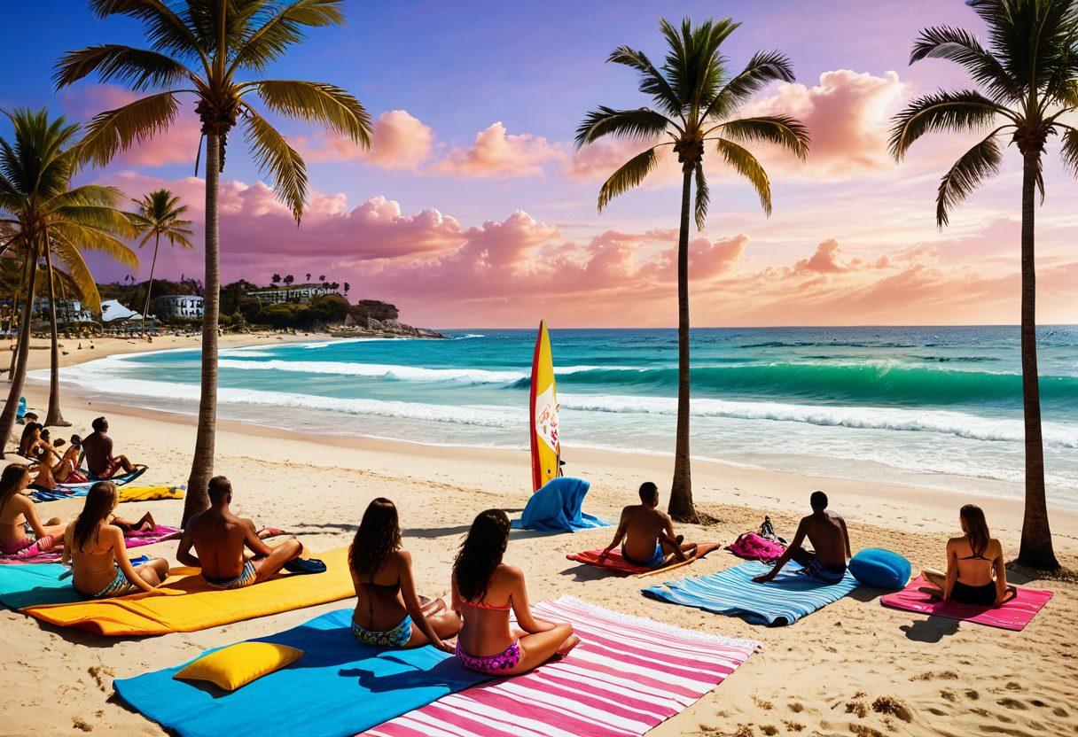 A vibrant beach scene showcasing diverse individuals in trendy beachwear: a sunbather lounging on a colorful towel, a surfer riding a wave with a stylish board, and a group enjoying a beach party with a bright sunset in the background. The atmosphere should be lively and energetic, highlighting the joy of summer days. Incorporate tropical elements like palm trees and beach umbrellas. super-realistic. vibrant colors. sunset background.